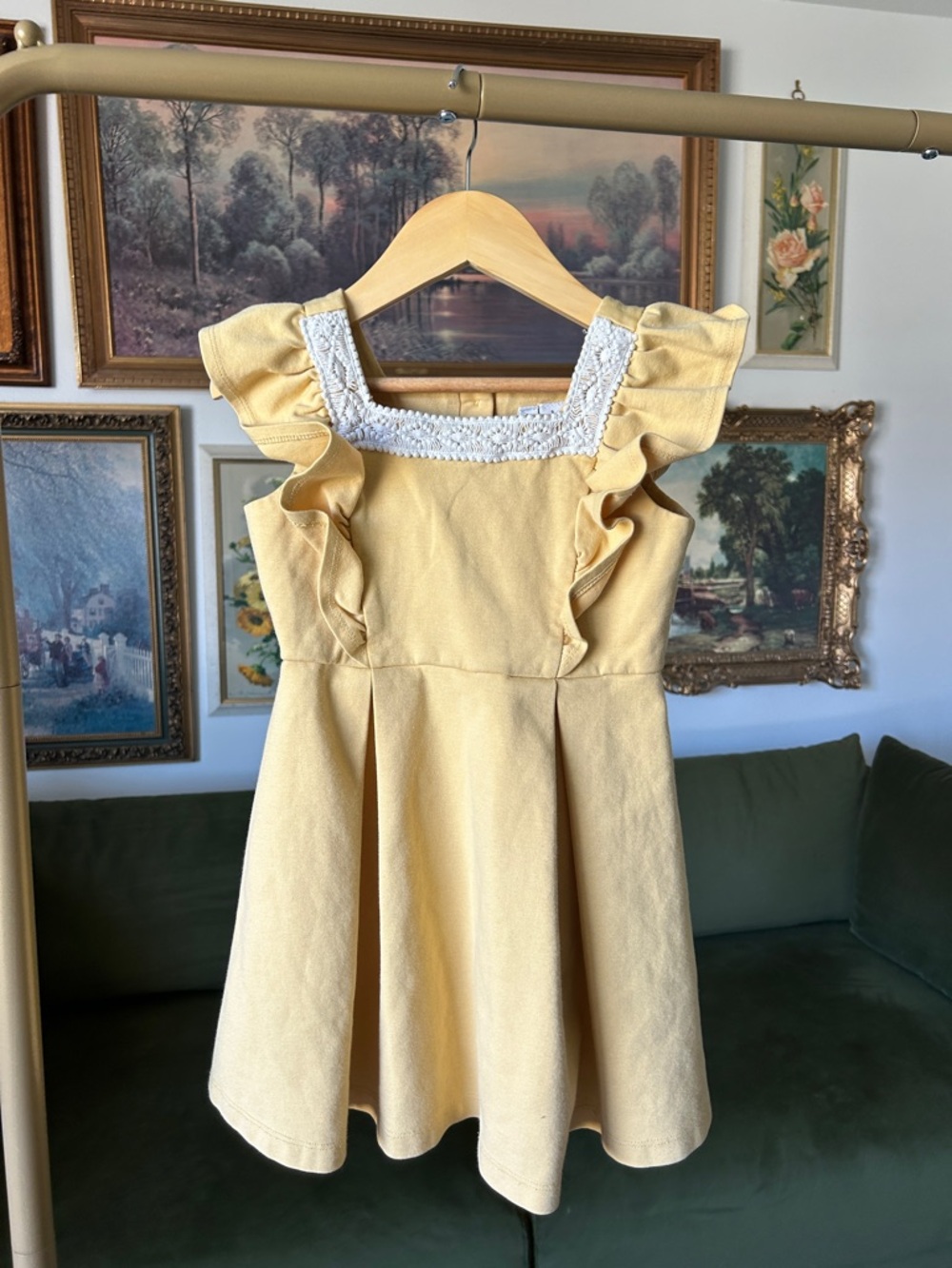 Janie and Jack Butter Yellow Ruffle Shoulder Dress with Crochet Trim